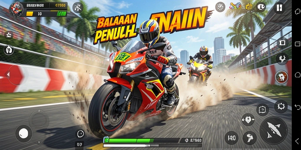 Tampilan gameplay balapan motor yang seru dan mendebarkan.