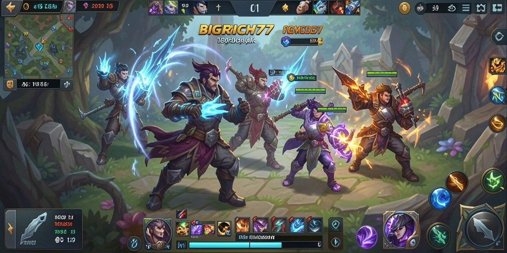 Screenshot menampilkan aksi seru dalam pertandingan MOBA BIGRICH77.